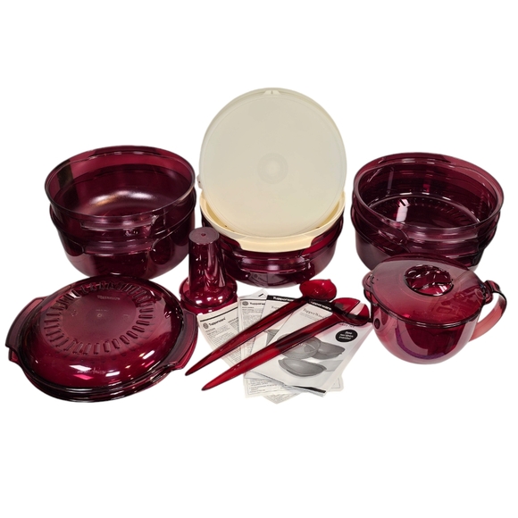 Vintage 19 Pieces Tupperware Microwave Cranberry Steamer Stack Baker's Set +MORE - Picture 1 of 16